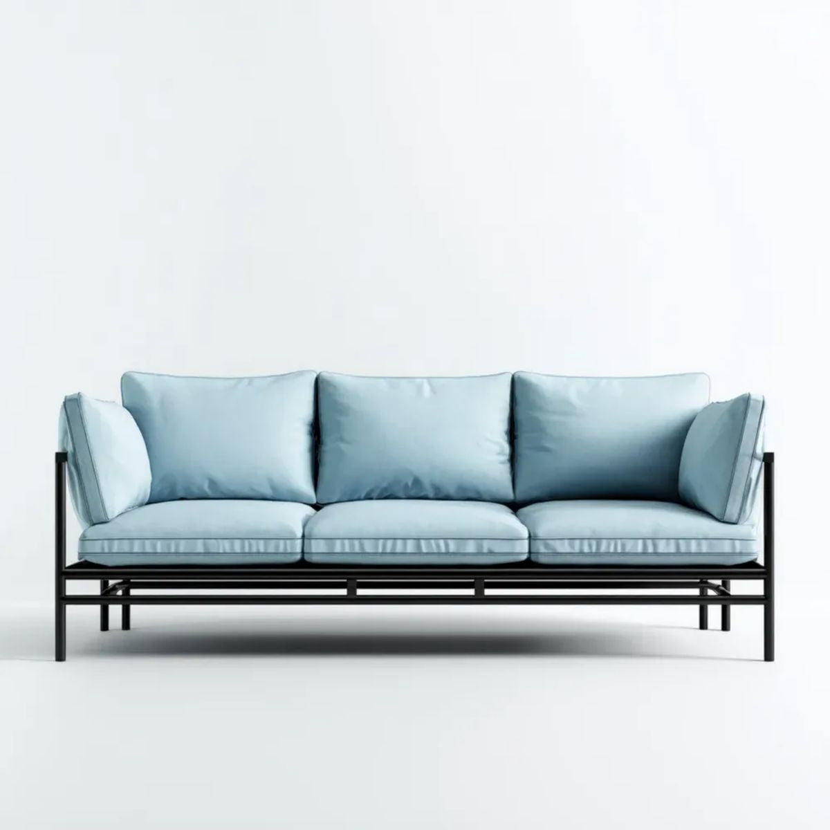 Trzyosobowa sofa z tkaniny jasnoniebieska na czarnej stalowej ramie, 210 x 85 x 80 cm