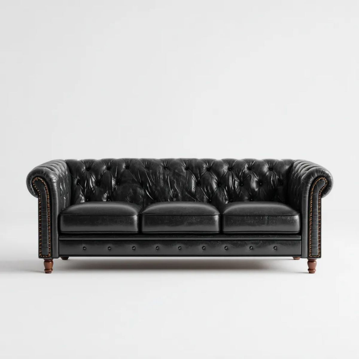 Trzyosobowa sofa Chesterfield z ekoskóry PU, czarna, 220 × 90 × 78 cm