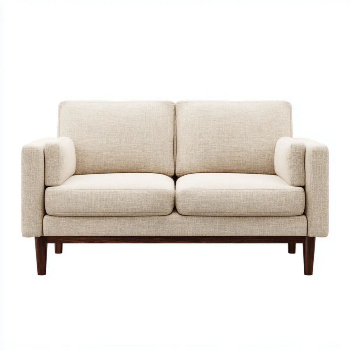Dwuosobowa sofa beżowa z tapicerką poliestrową i drewnianymi nogami, 145 x 82 x 86 cm