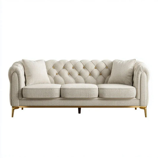 Trzyosobowa sofa beżowa z poliestru 220 x 90 x 78 cm ze złotymi nogami