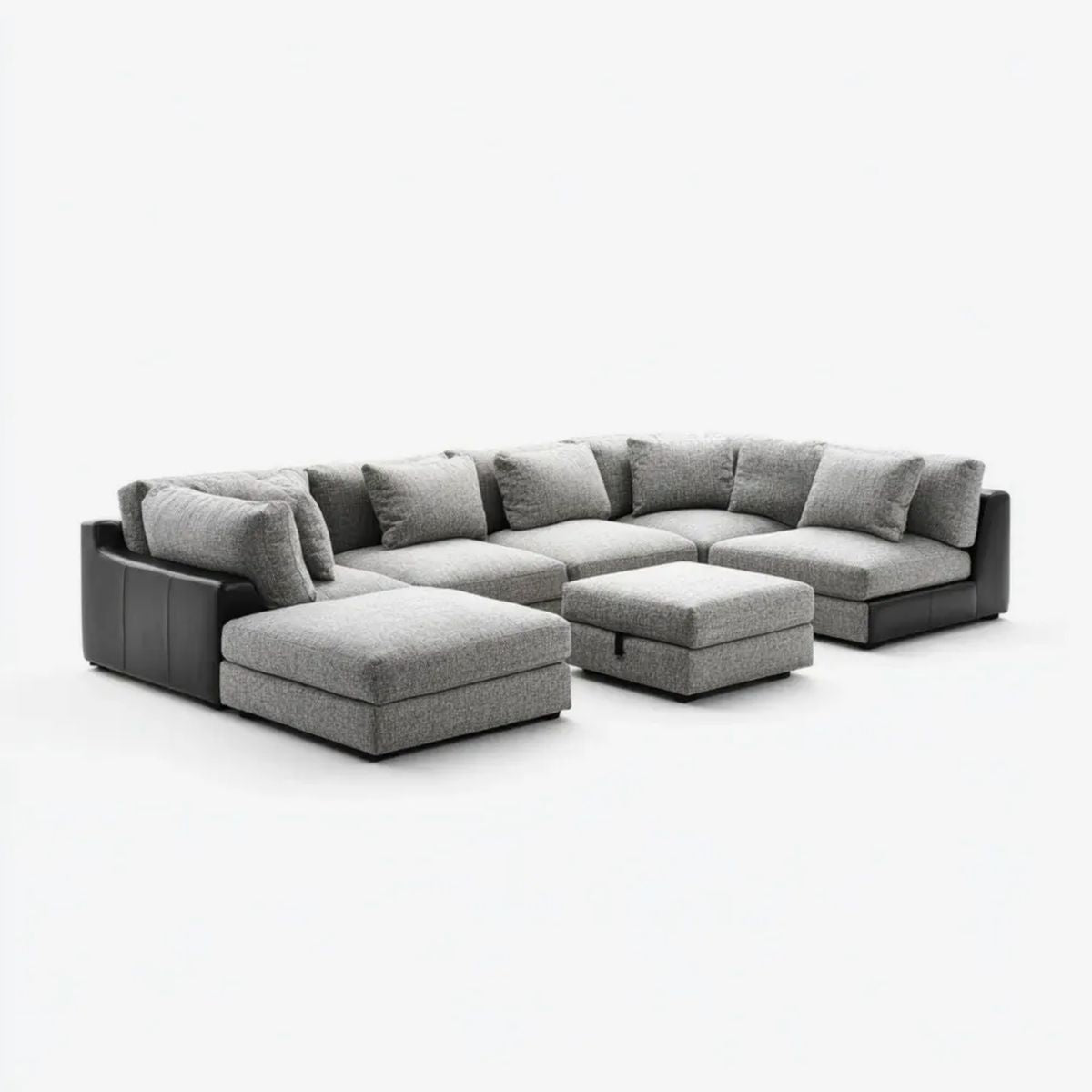 Modułowa sofa w kształcie U z lewym szezlongiem i pufą, szara tapicerka poliestrowa i PU, 330 x 230 x 85 cm
