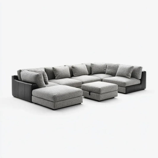 Modułowa sofa w kształcie U z lewym szezlongiem i pufą, szara tapicerka poliestrowa i PU, 330 x 230 x 85 cm