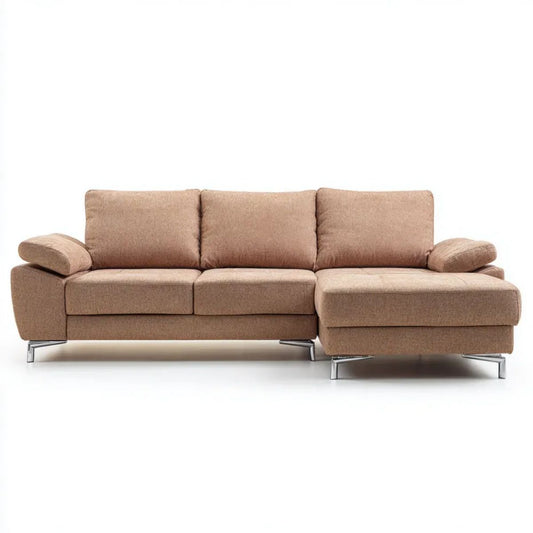 Beżowa sofa narożna w kształcie L z prawostronnym szezlongiem, poliester, 260 × 160 × 85 cm