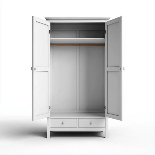 Biała dwudrzwiowa szafa z płyty MDF, 100 × 55 × 200 cm, z 2 szufladami