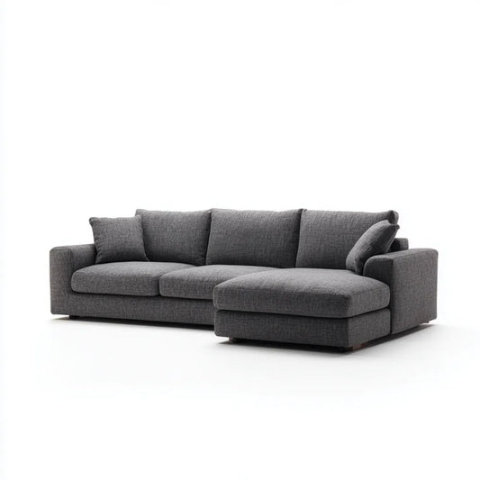 Grafitowa sofa narożna z prawostronnym szezlongiem, tapicerowana poliestrem, 280 × 160 × 85 cm, kształt L