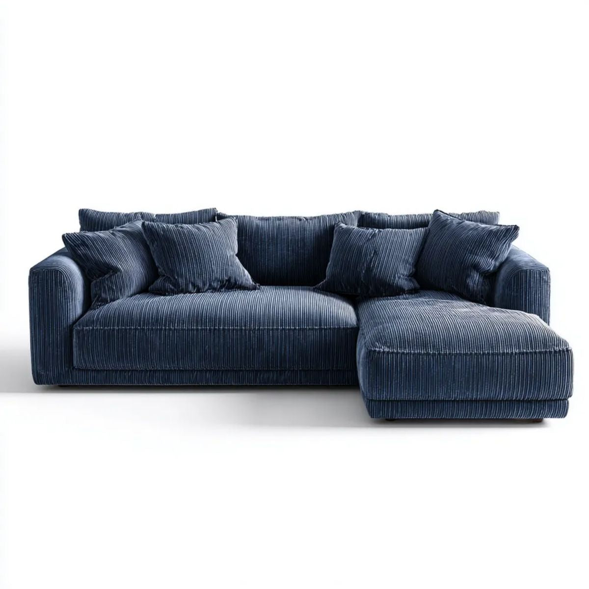 Granatowa sofa narożna z prawostronnym szezlongiem z poliestrowego sztruksu, 260 × 160 × 85 cm