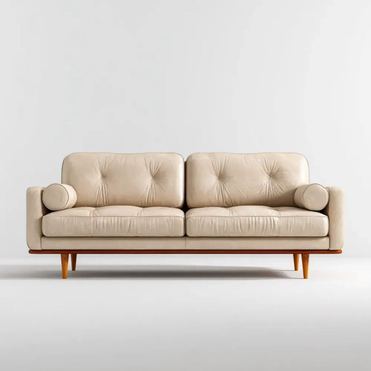 Sofa 3-osobowa beżowo-brązowa z tapicerką PU i drewnianymi nogami, 220 x 90 x 82 cm