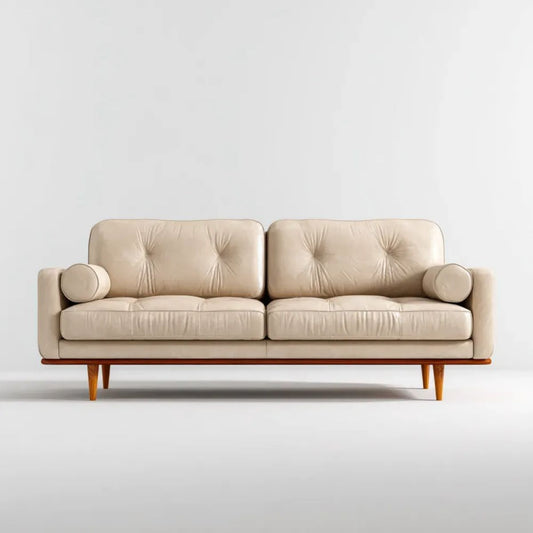Sofa 3-osobowa beżowo-brązowa z tapicerką PU i drewnianymi nogami, 220 x 90 x 82 cm