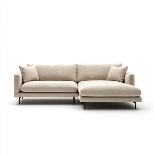 Beżowa sofa narożna tapicerowana z prawostronnym szezlongiem, 260 × 160 × 85 cm