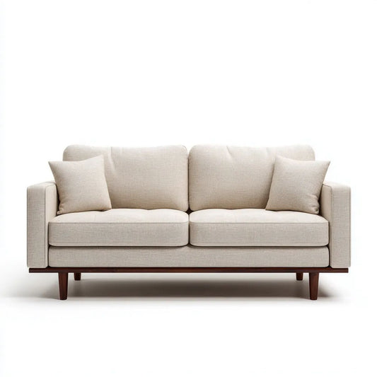 Dwuosobowa sofa z poliestru beżowa z ciemnobrązowymi drewnianymi nogami, 160 x 85 x 80 cm
