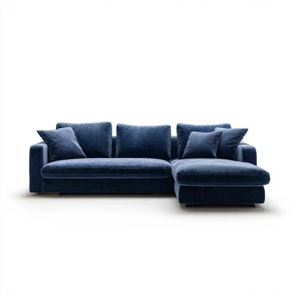 Granatowa sofa narożna sztruksowa z prawostronnym szezlongiem 260 x 165 x 85 cm
