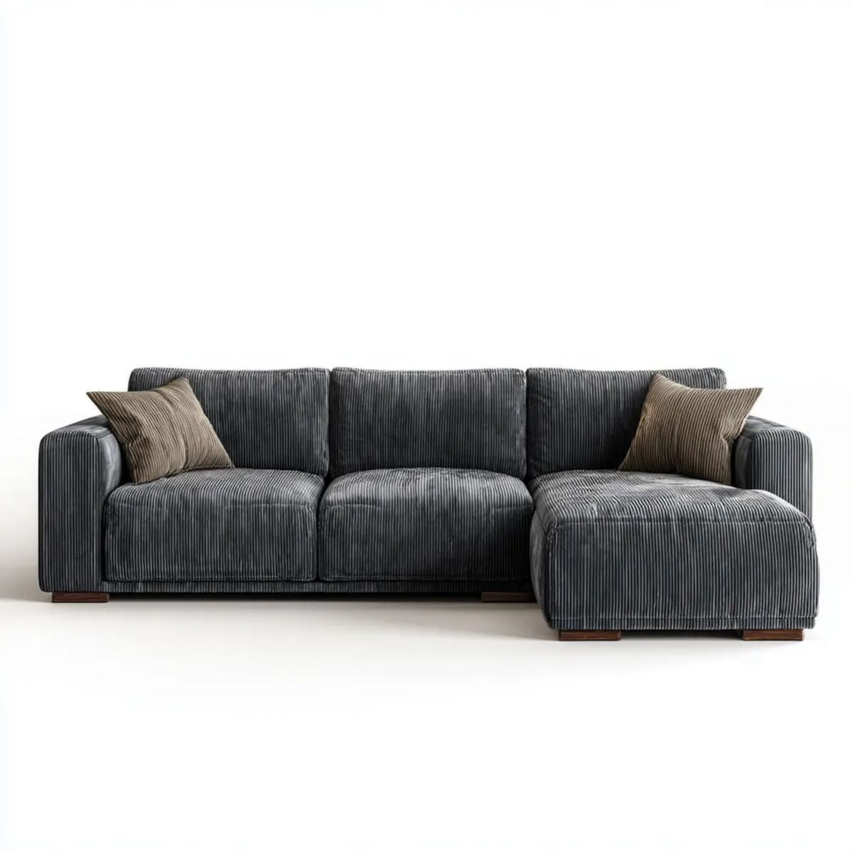 Grafitowa sofa narożna z prawostronnym szezlongiem, tkanina sztruksowa, 280 x 160 x 85 cm