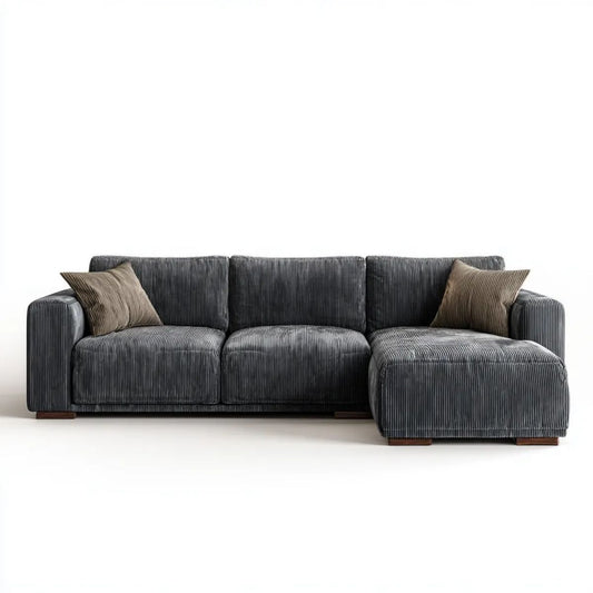 Grafitowa sofa narożna z prawostronnym szezlongiem, tkanina sztruksowa, 280 x 160 x 85 cm