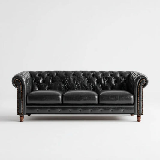 Trzyosobowa sofa Chesterfield z ekoskóry PU, czarna, 220 × 90 × 78 cm