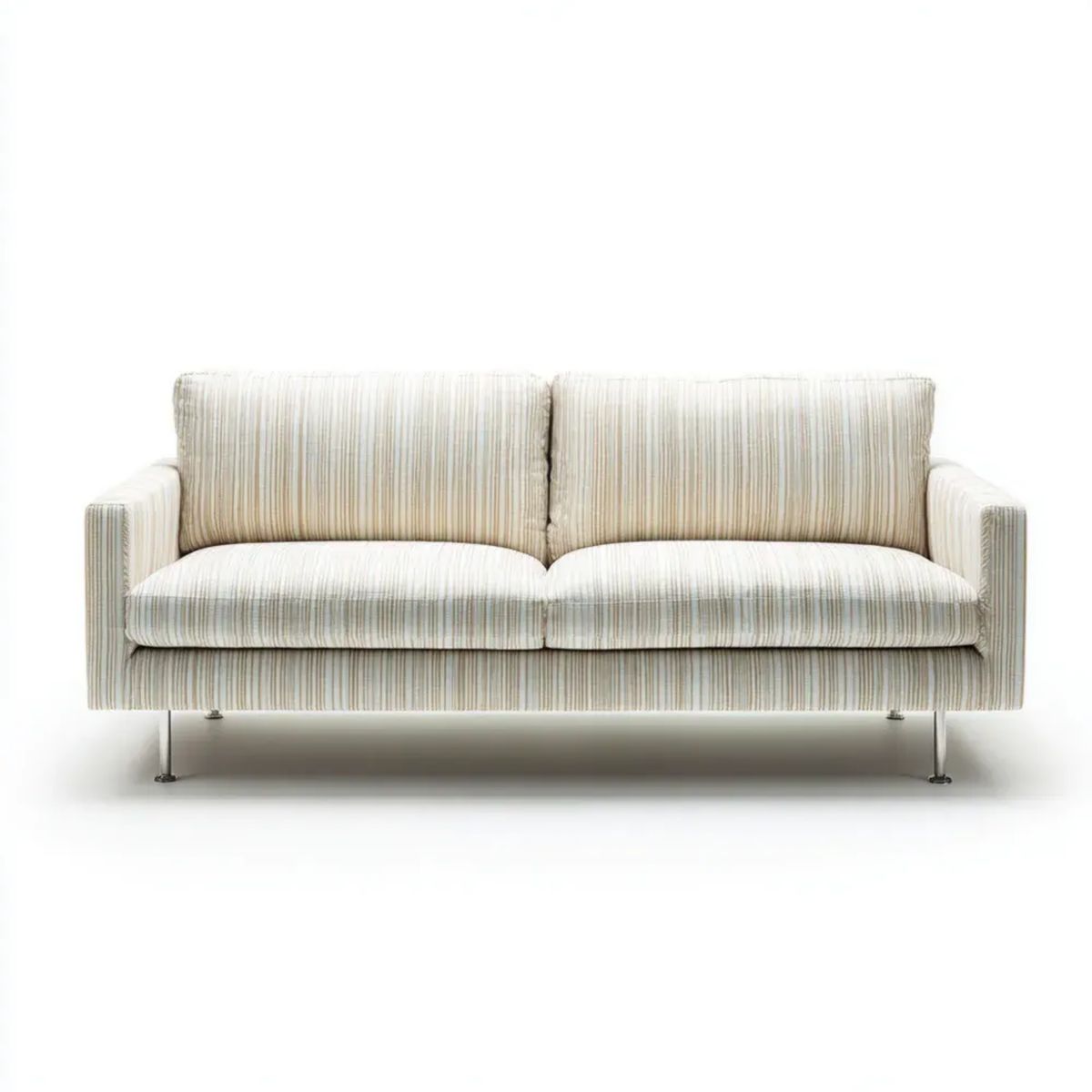 Sofa dwuosobowa kremowo-beżowo-szara z poliestrową tapicerką w paski, 160 x 85 x 85 cm