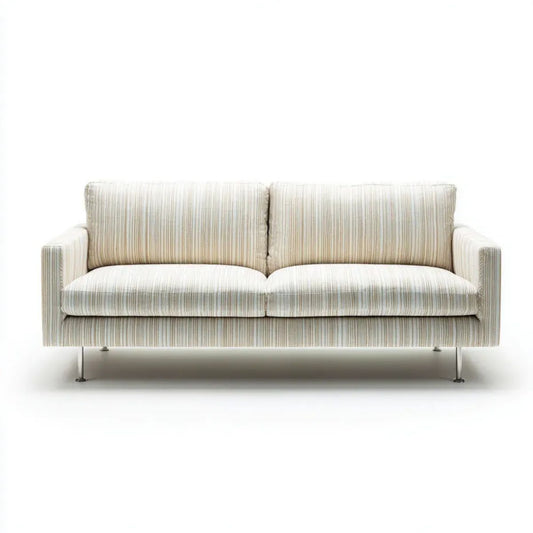 Sofa dwuosobowa kremowo-beżowo-szara z poliestrową tapicerką w paski, 160 x 85 x 85 cm