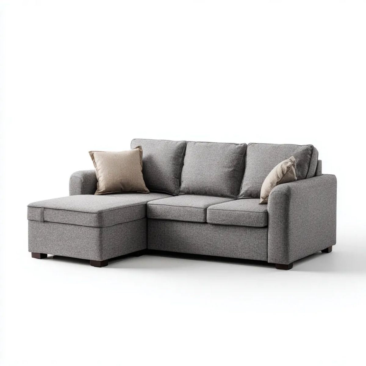 Szara sofa narożna w kształcie L z leżanką, tapicerowana poliestrem, 220 × 150 × 85 cm