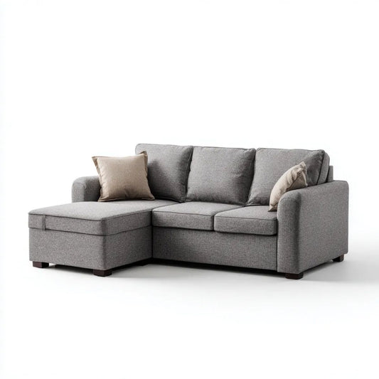 Szara sofa narożna w kształcie L z leżanką, tapicerowana poliestrem, 220 × 150 × 85 cm