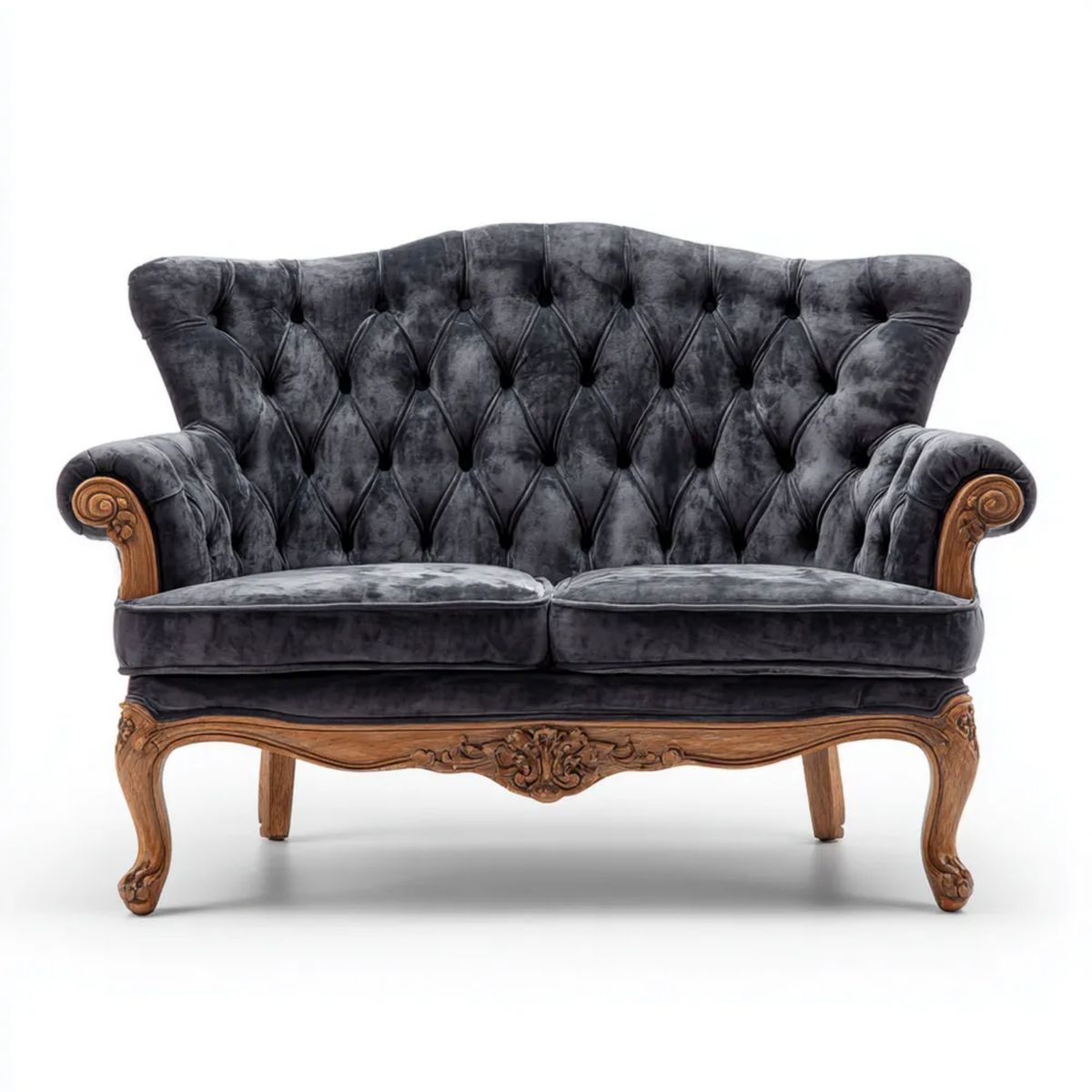Dwuosobowa sofa Chesterfield z aksamitu, grafitowa z brązowym drewnianym stelażem, 150 x 85 x 105 cm