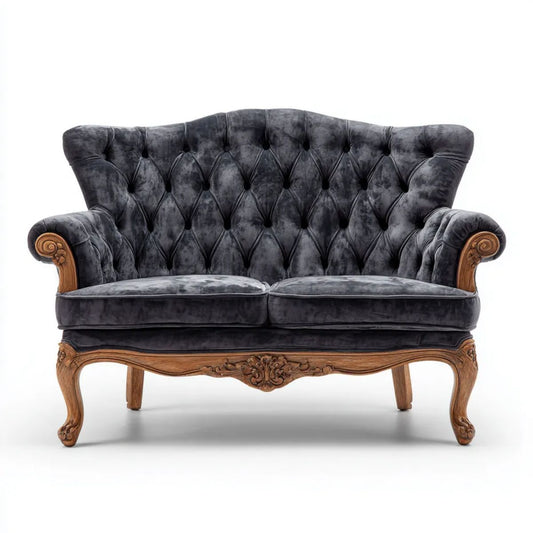 Dwuosobowa sofa Chesterfield z aksamitu, grafitowa z brązowym drewnianym stelażem, 150 x 85 x 105 cm
