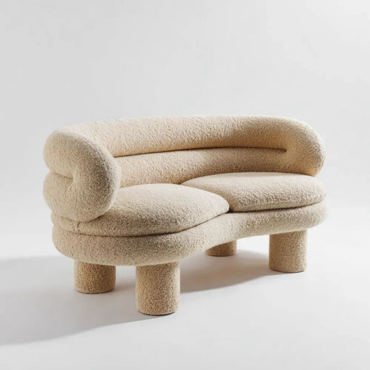 Beżowa sofa 2-osobowa z tkaniny bouclé, zaokrąglona, 150 × 78 × 72 cm