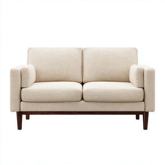 Dwuosobowa sofa beżowa z tapicerką poliestrową i drewnianymi nogami, 145 x 82 x 86 cm